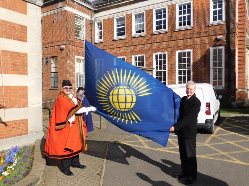 Mayor of Barnet raising Commonwealth Day Flag at Town Hall