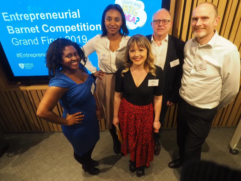 Entrepreneurial Joanne Merchant (centre), Founder of When I Grow Up, is pictured with Entrepreneurial Barnet Judges (from left to right): Business Inclusion Co-ordinator at NatWest Sharniya Ferdinand, beauty company MD Vanessa Fernandes, Steve Leverton of business finance specialists Cornmill Associates, and Terry Magennis from Hammerson (co-owner of Brent Cross).