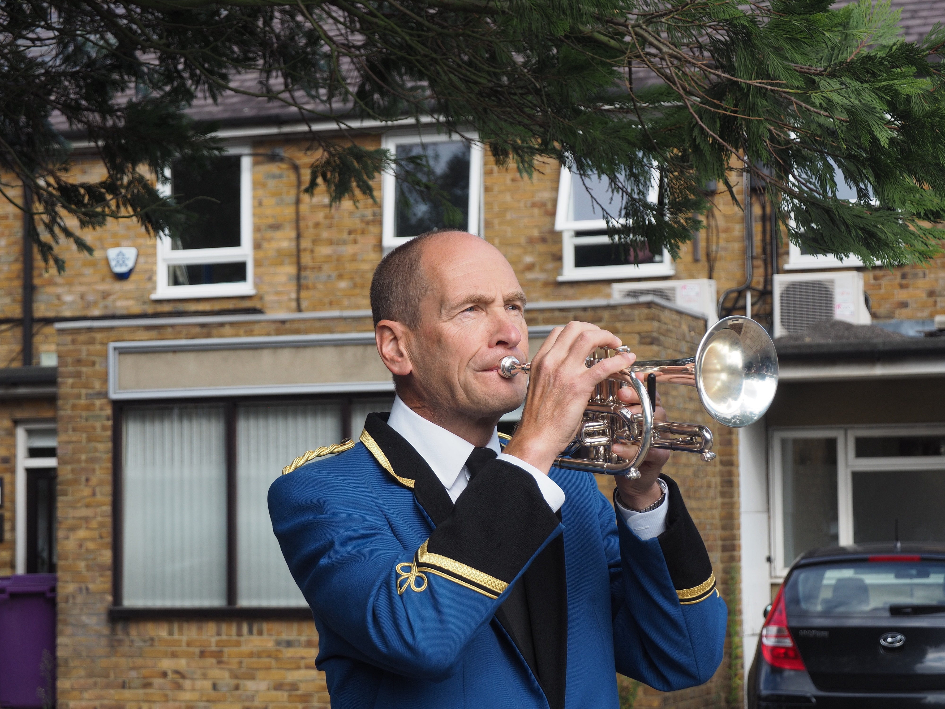 Mike Hurford from the London Metropolitan Brass Band performed The Last Post at the Tommy sculpture unveiling ceremony. 