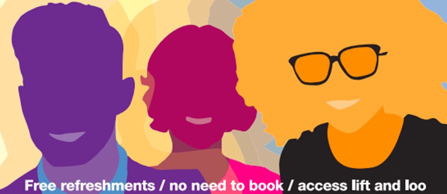 A group of three brightly coloured silhouettes of people's heads