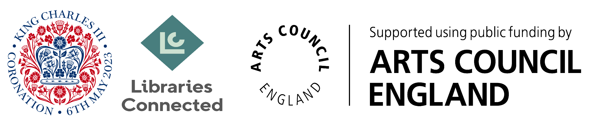 Coronation emblem, Libraries Connected logo and Arts Council England logo