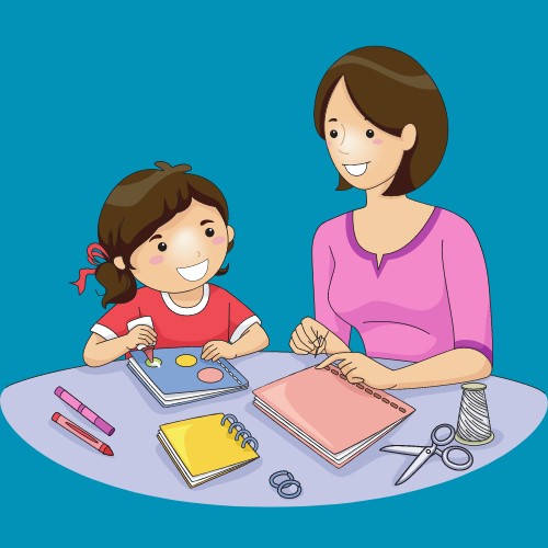 picture of a girl and her mum making books