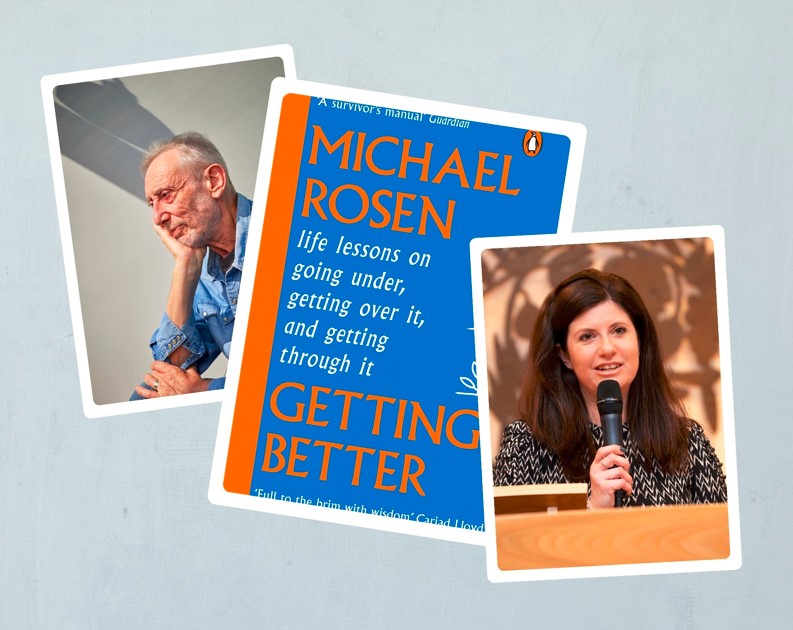 Michael Rosen and Francine Wolfisz with a cover of Michael's book 'Getting Better'