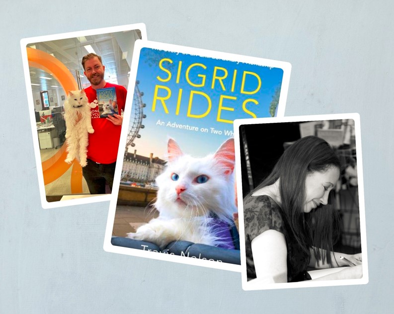 Travis Nelson, Sigrid and Cari Rosen with the cover image of 'Sigrid Rides'