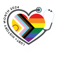 LGBTQ+ History Month 2024 - a rainbow heart with a stethoscope around it