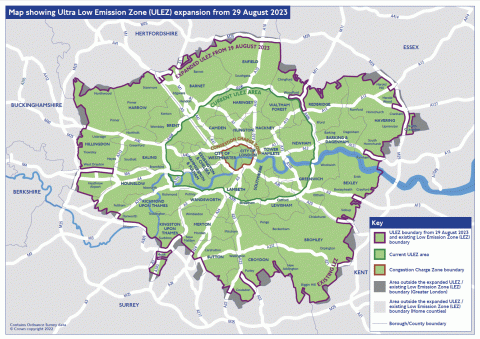 A map of London showing how the existing ULEZ and where it will be extending