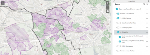 A map of a North Kensington was where populations with disabilities and older generations are highlighted in different colours to the rest of the population. 