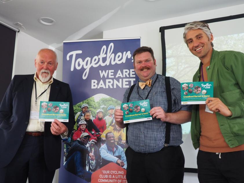 Bob Burstow, Organiser of the Barnet Teenage Market; Councillor Reuben Thompstone, Chair of the Community Leadership and Libraries Committee; George Lamb, TV and radio personality and Founder of GROW.
