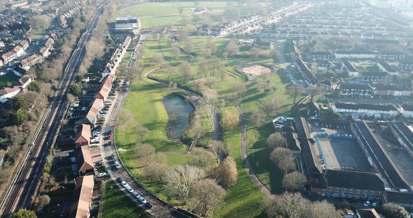 Drone image: The Silk Stream winds its way through Silkstream Park and Montrose Playing Fields.