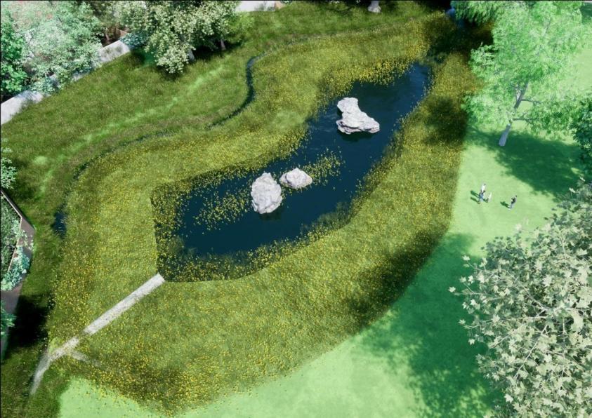 A visualisation of the flood storage pond and 're-meandered' channel at Watling Park. 
